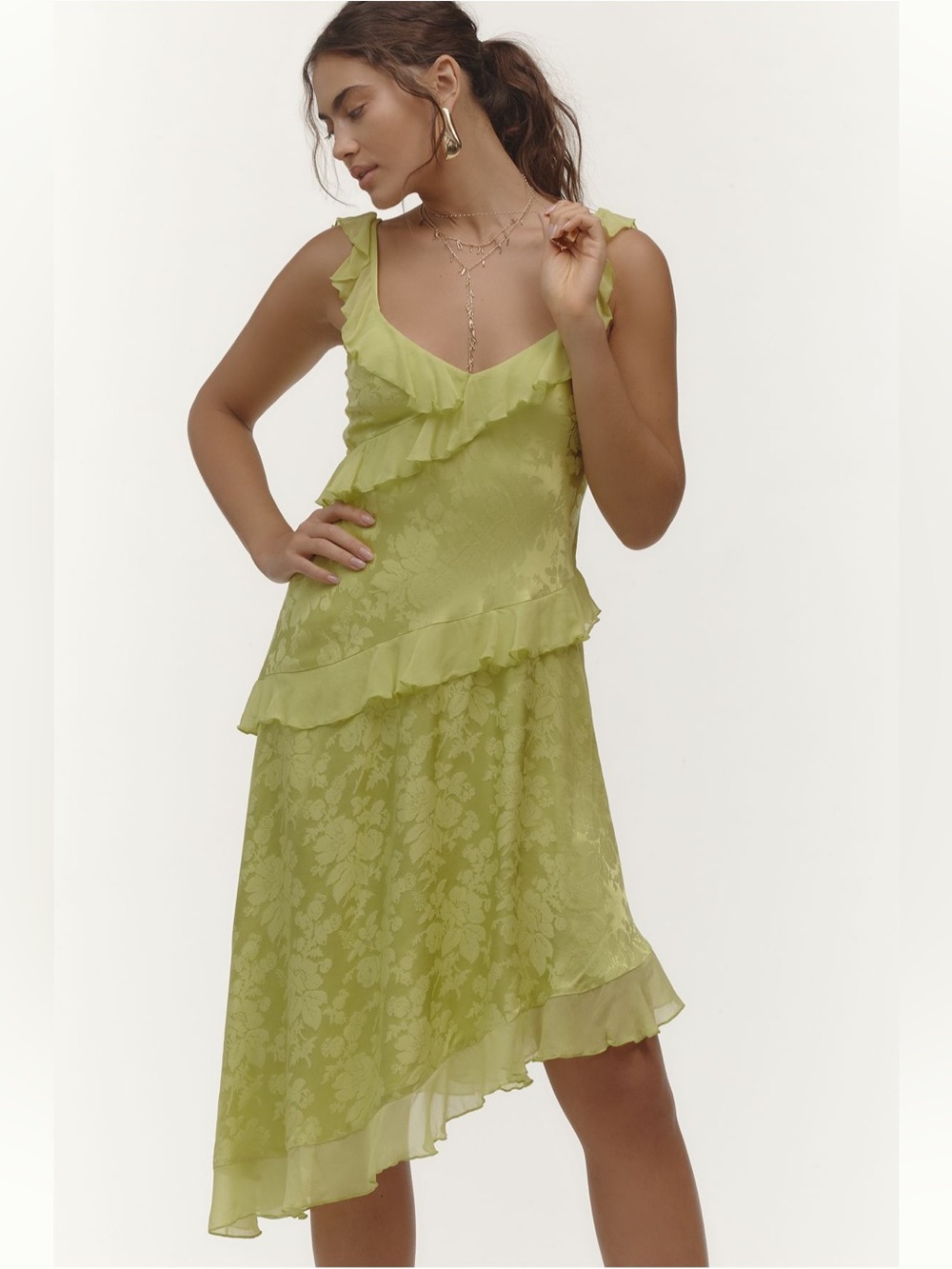 Ruffled V-Neck Asymmetric Slip Dress - Green